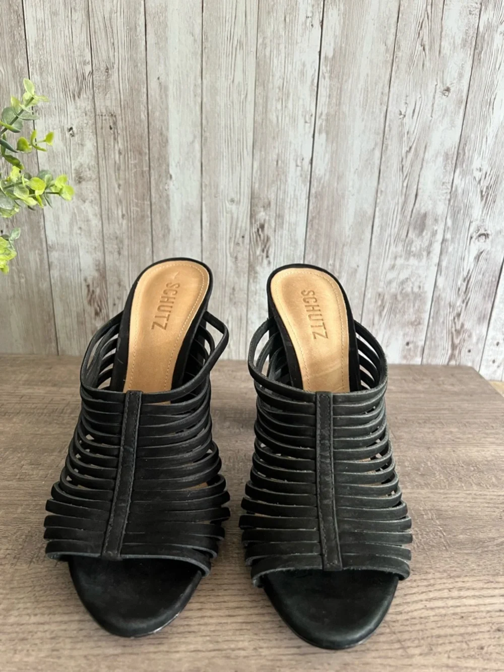 SCHUTZ Veronika Nubuck Suede Black Strappy Cage Sandals Size 9.5